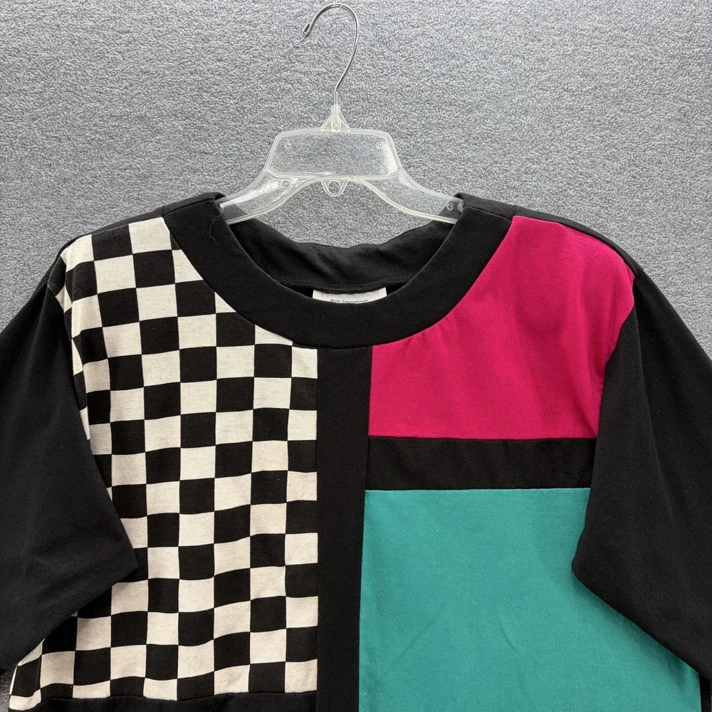 VTG 80s Forelli Shirt Womens XL Black White Check Colorblock Tunic Top Tee